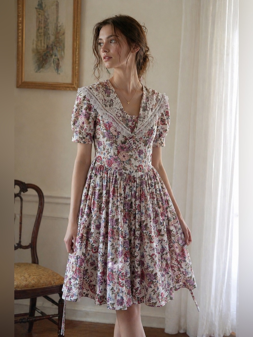Vintage Y2K Gunne Sax Jessica McClintock Floral Dress CS Puff Sleeve Cottagecore